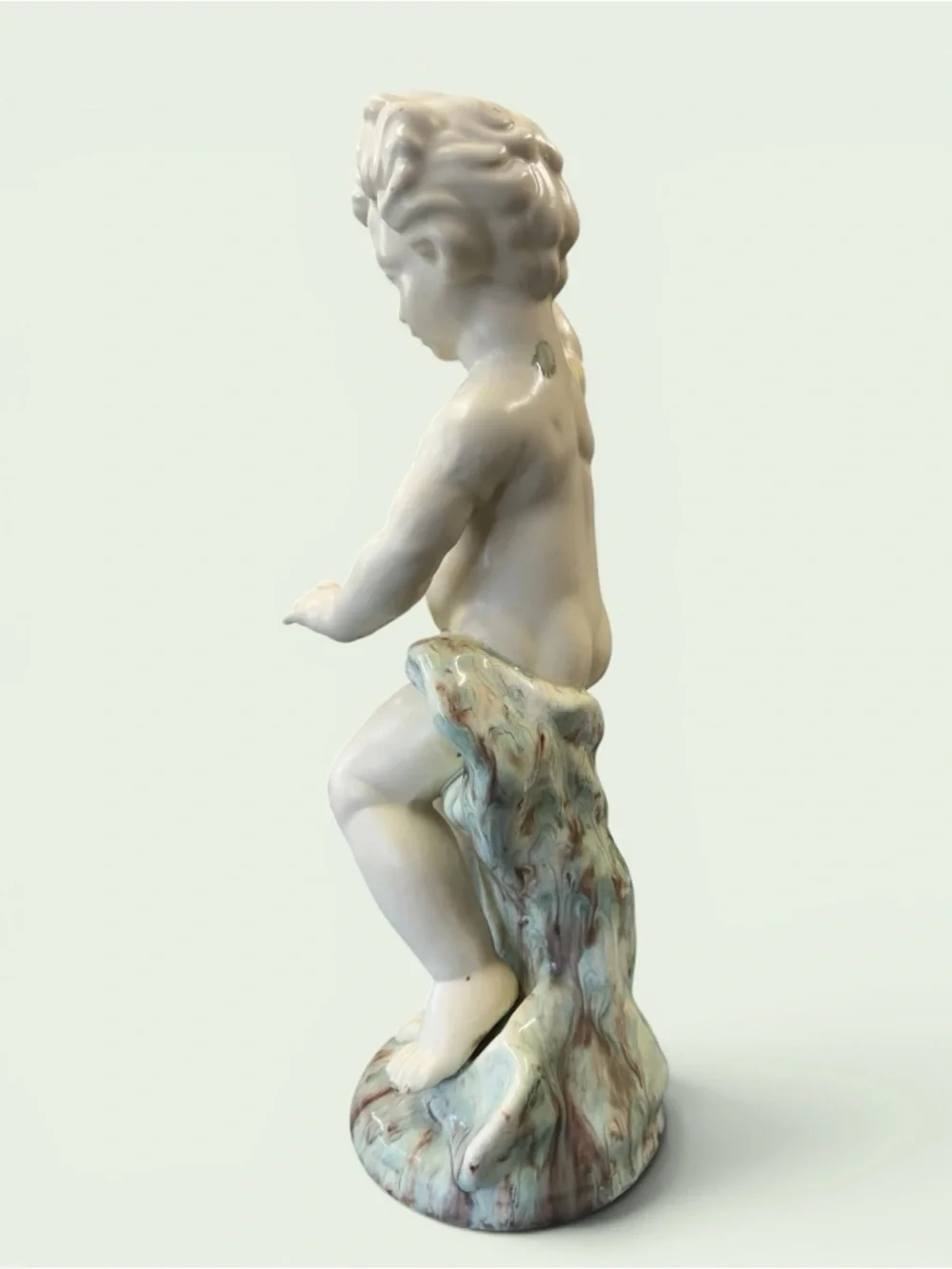 Vintage Cream Ceramic Cherub Figurine with Pale Aqua Drapery 16” x 6”
